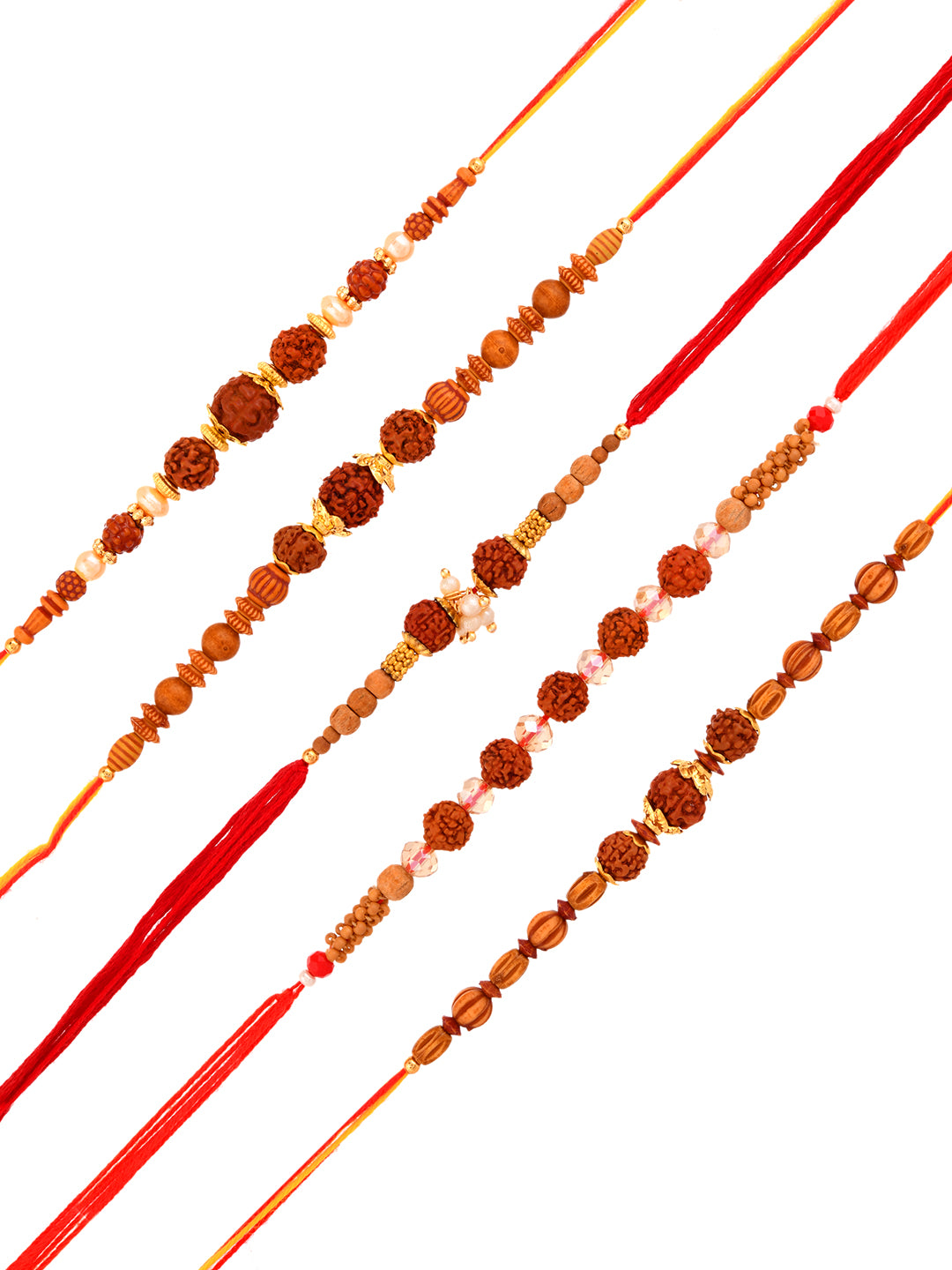 Rudraksha Rakhi Set Of 5 With Tulsi Beads And Spiritual Ethnic Detailing