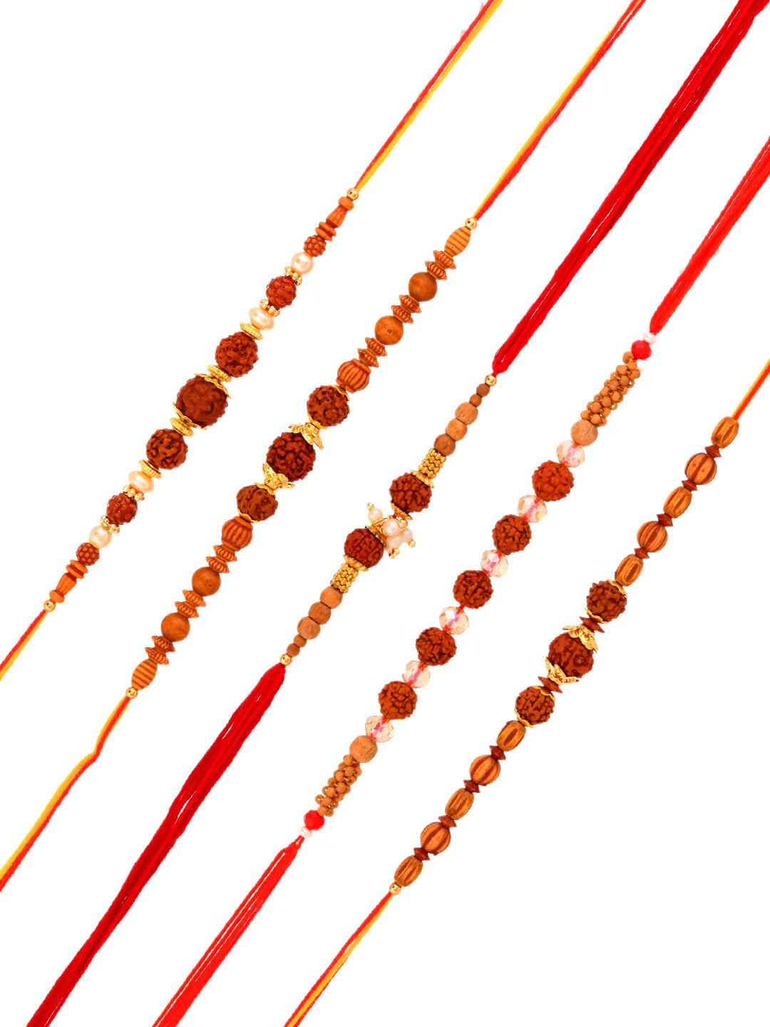 Rudraksha Rakhi Set Of 5 With Tulsi Beads And Spiritual Ethnic Detailing
