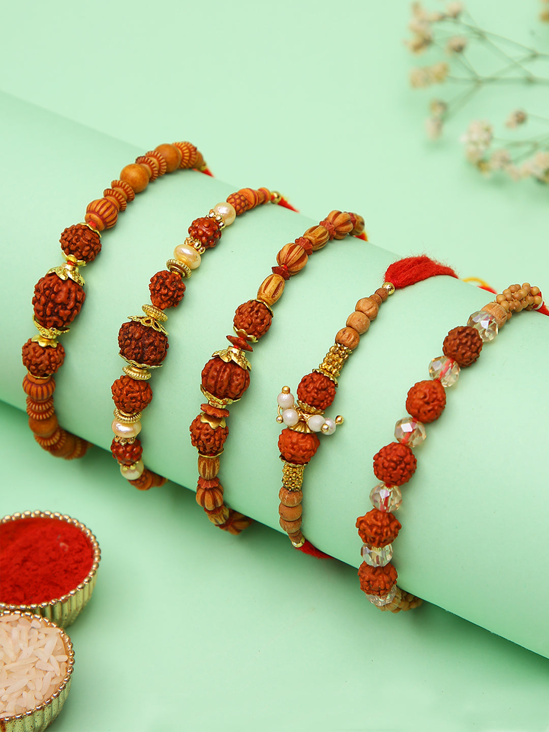 Rudraksha Rakhi Set Of 5 With Tulsi Beads And Spiritual Ethnic Detailing