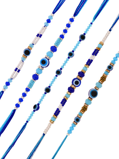 Evil Eye Rakhi Set Of 5 With Blue Beads And Protection Charm Designs
