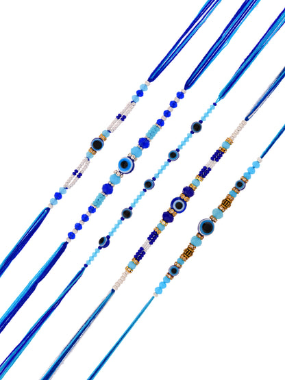 Evil Eye Rakhi Set Of 5 With Blue Beads And Protection Charm Designs