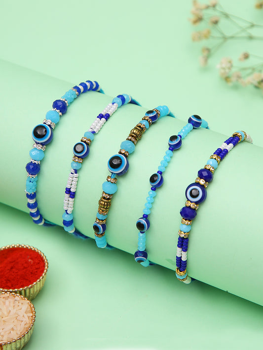 Evil Eye Rakhi Set Of 5 With Blue Beads And Protection Charm Designs