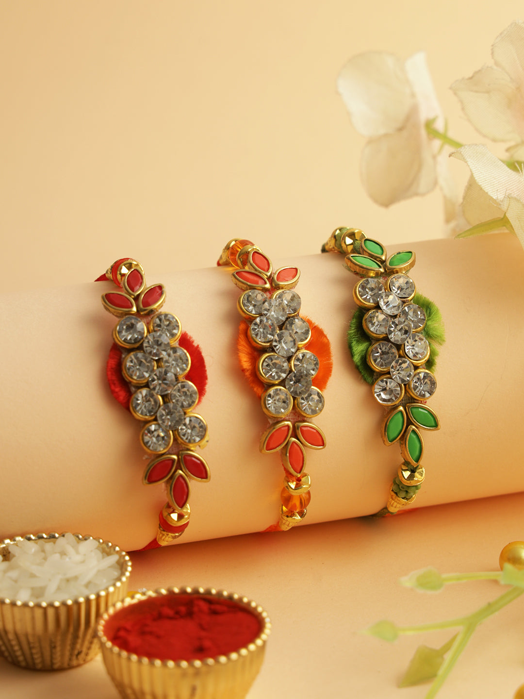 Colourful Gemstone Blossom Set of 3 Rakhis