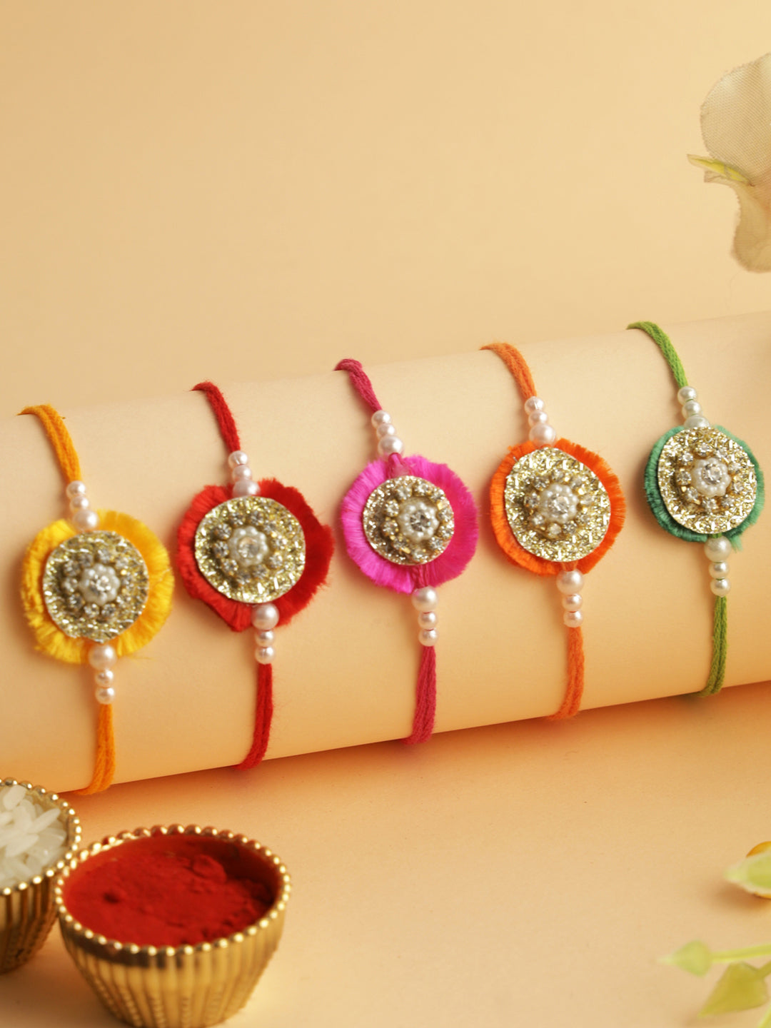 Multicolor Stone & Bead Work Set of 5 Rakhi