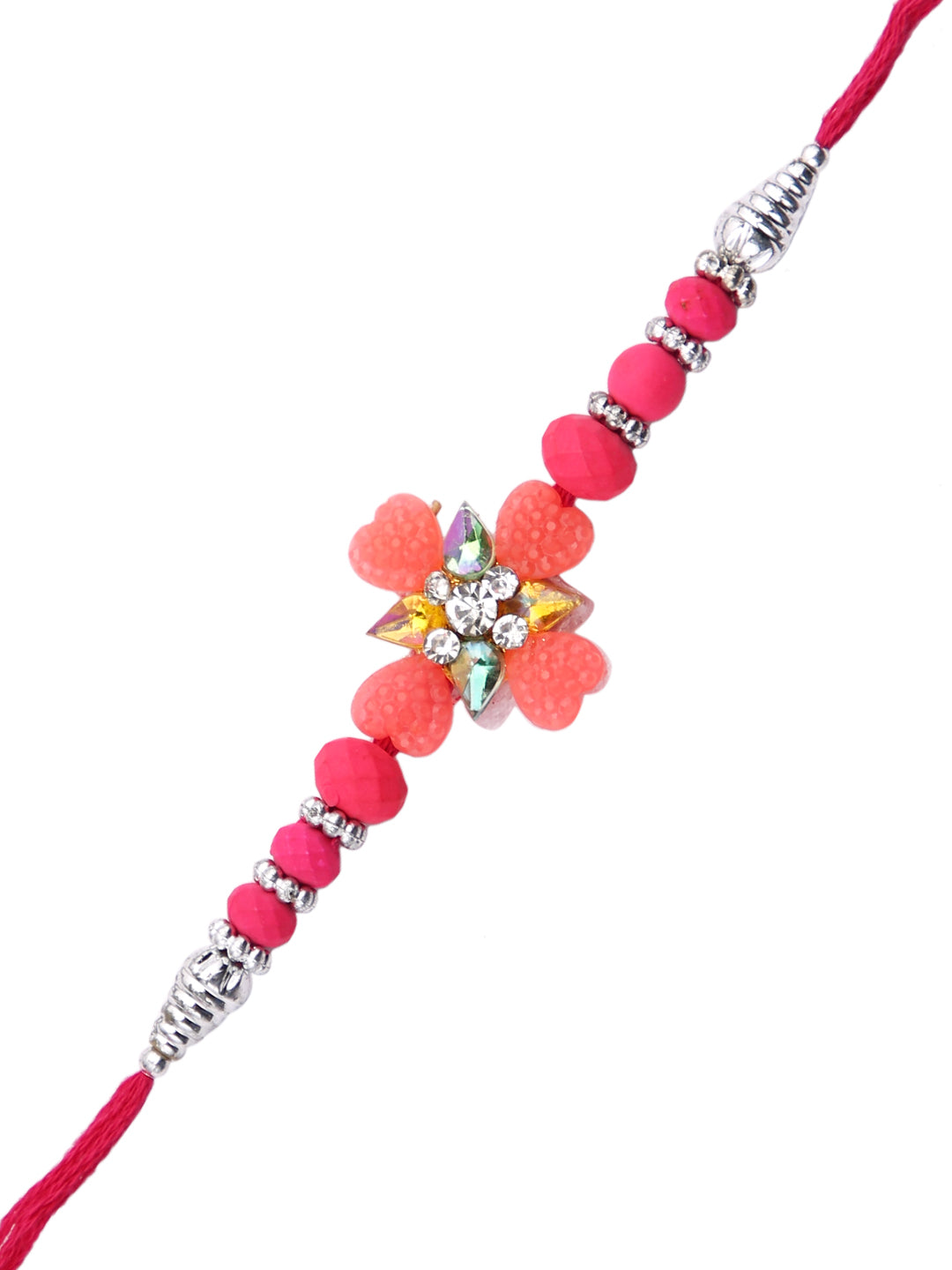 Blue & Pink Beads Studded Floral Shape Rakhi