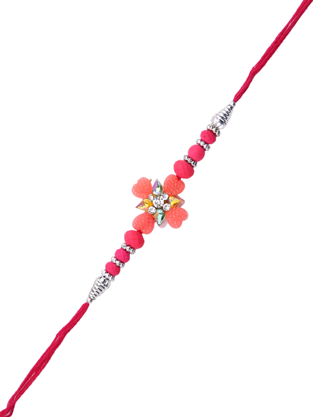 Blue & Pink Beads Studded Floral Shape Rakhi