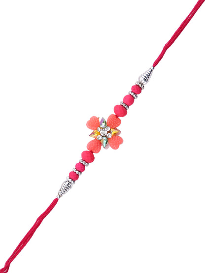 Blue & Pink Beads Studded Floral Shape Rakhi