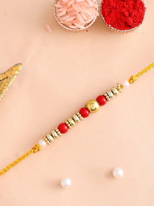 Red & Golden Solid Round Beads Rakhi