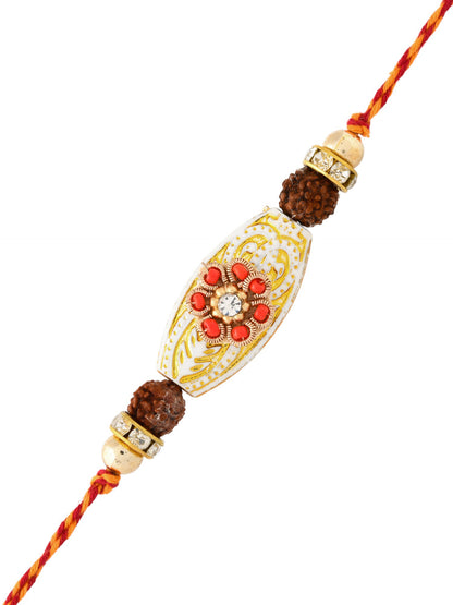 Red Crystal Beads Floral Design Rudraksh Rakhi