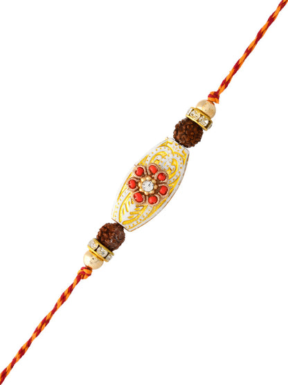 Red Crystal Beads Floral Design Rudraksh Rakhi