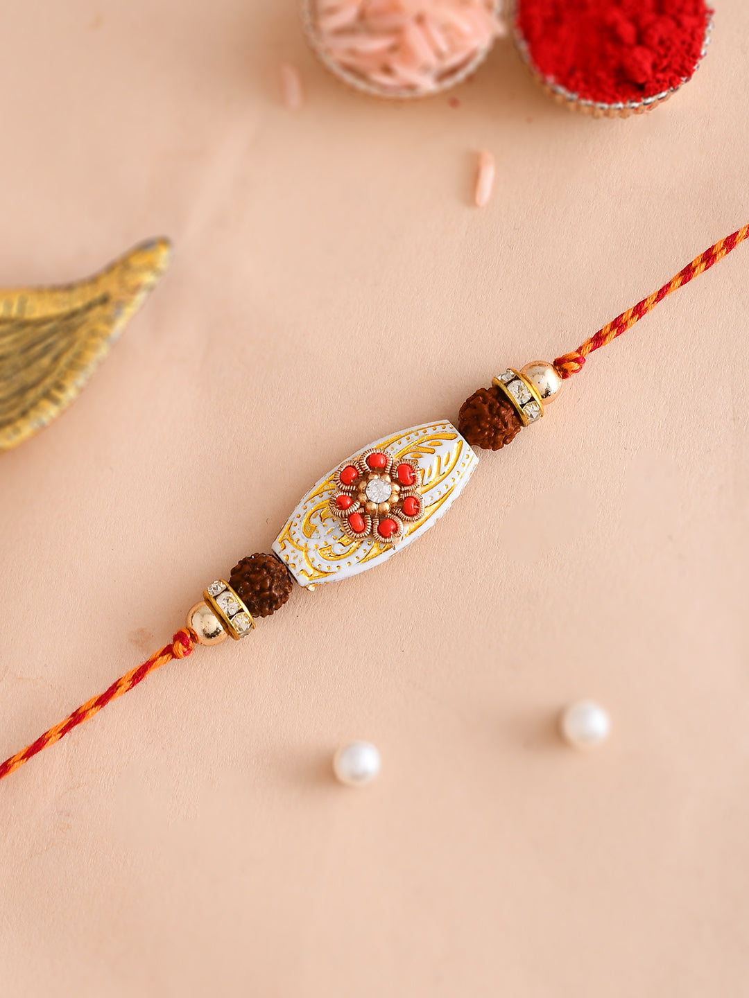 Red Crystal Beads Floral Design Rudraksh Rakhi