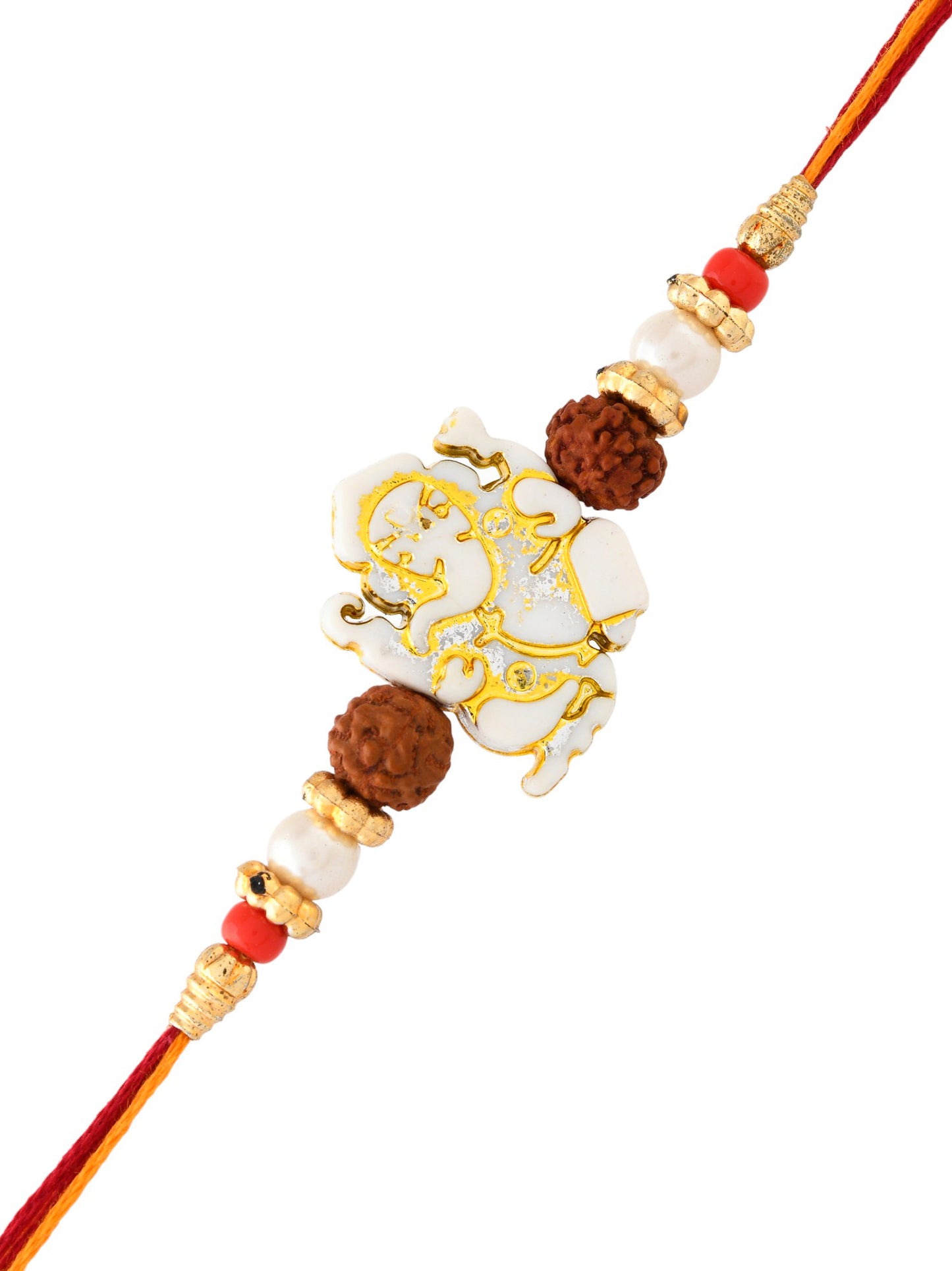 White & Golden Beads Ganesh Motif Rakhi