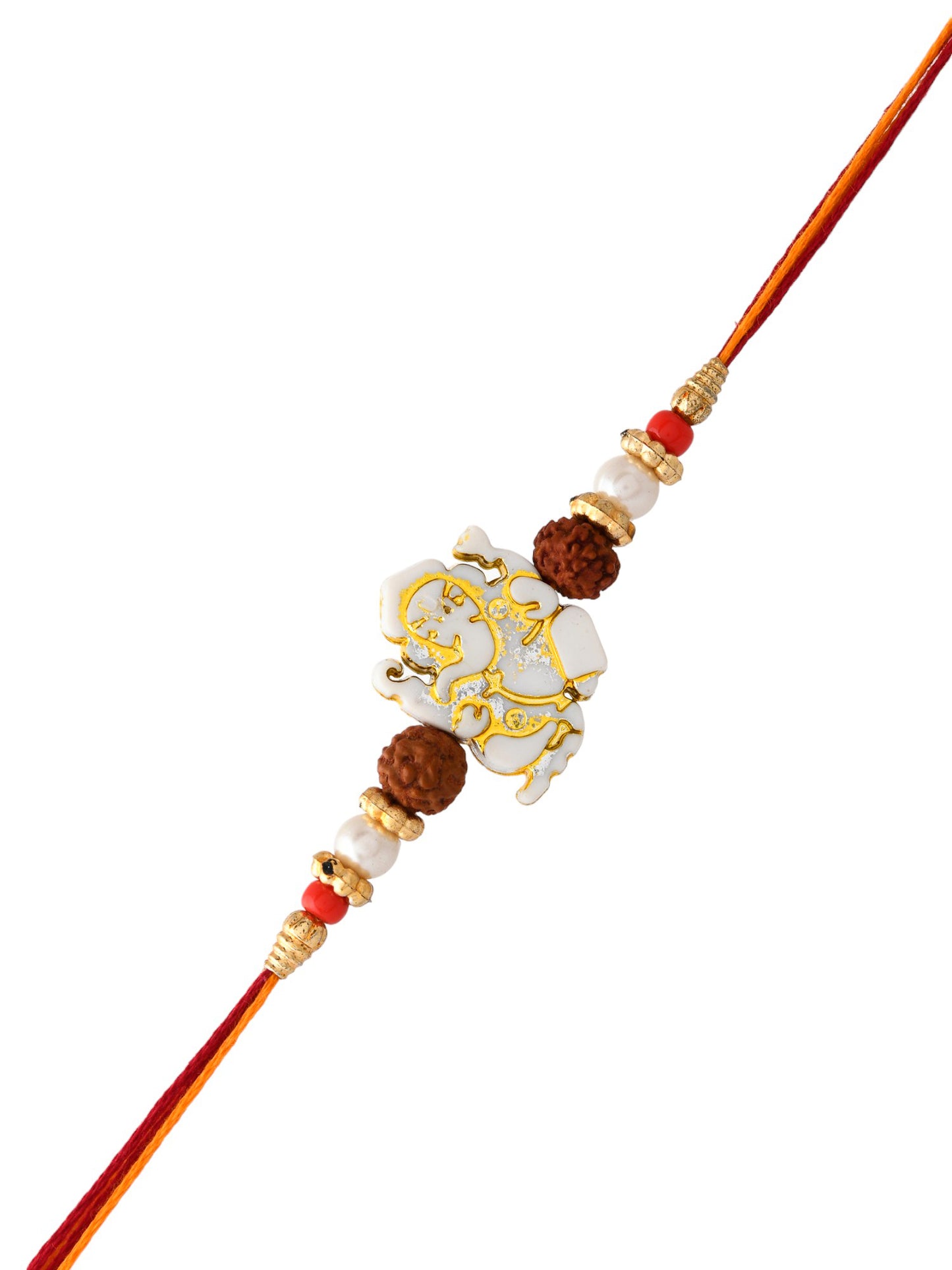 White & Golden Beads Ganesh Motif Rakhi