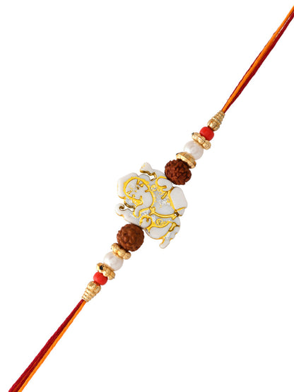 White & Golden Beads Ganesh Motif Rakhi