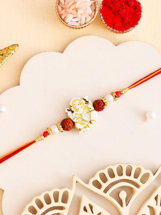 White & Golden Beads Ganesh Motif Rakhi