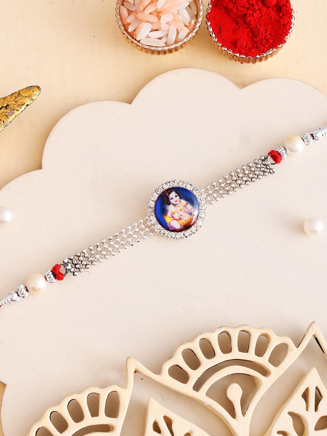 Lord Krishna American Diamond Rakhi with Sandalwood Beads