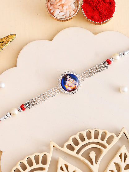 Lord Krishna American Diamond Rakhi with Sandalwood Beads