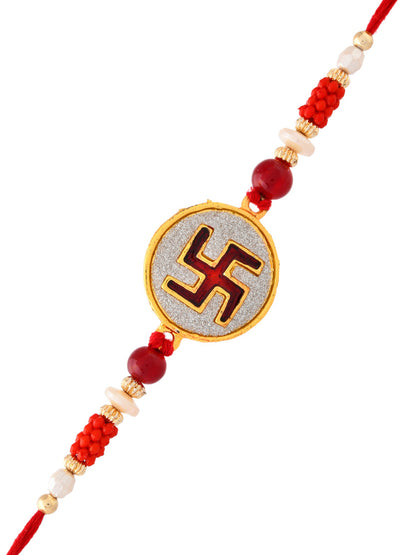 White Cylindrical Beads Studded Swastik Motif Rakhi