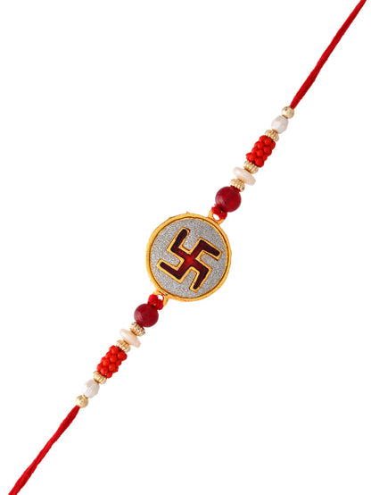 White Cylindrical Beads Studded Swastik Motif Rakhi