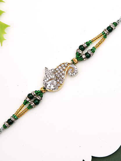 Green & Gold Beads Studded & Paisley Design Rakhi