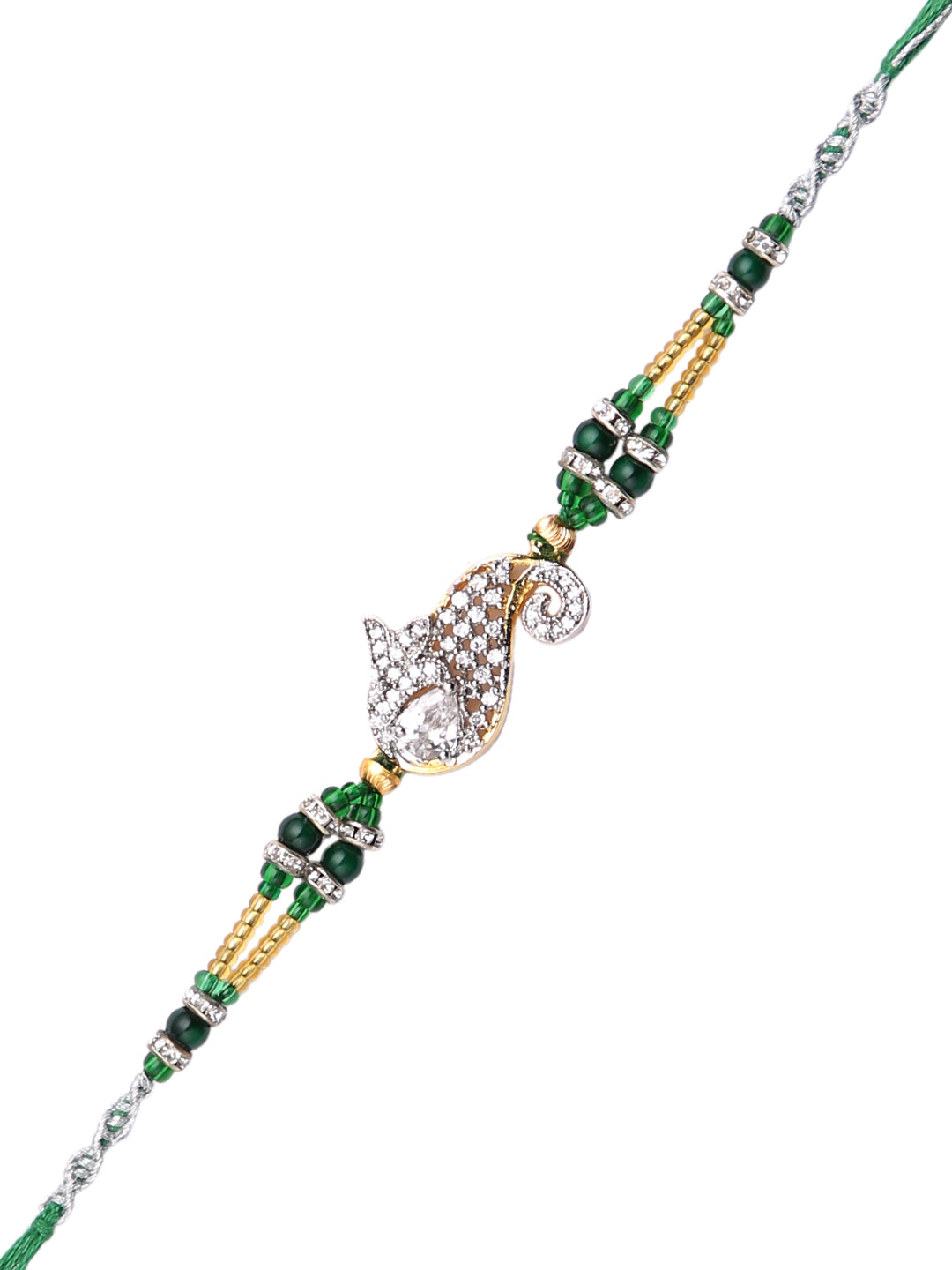 Green & Gold Beads Studded & Paisley Design Rakhi