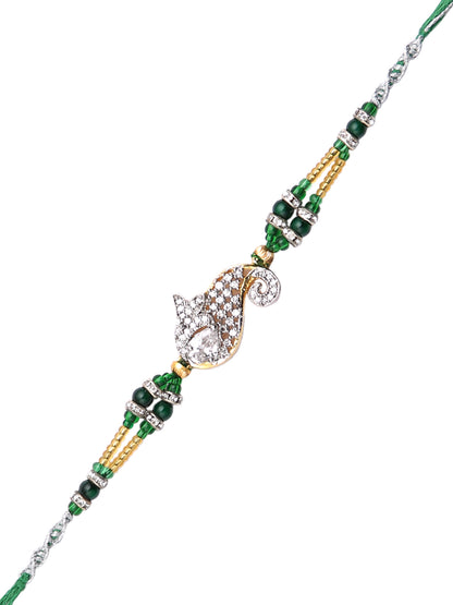 Green & Gold Beads Studded & Paisley Design Rakhi