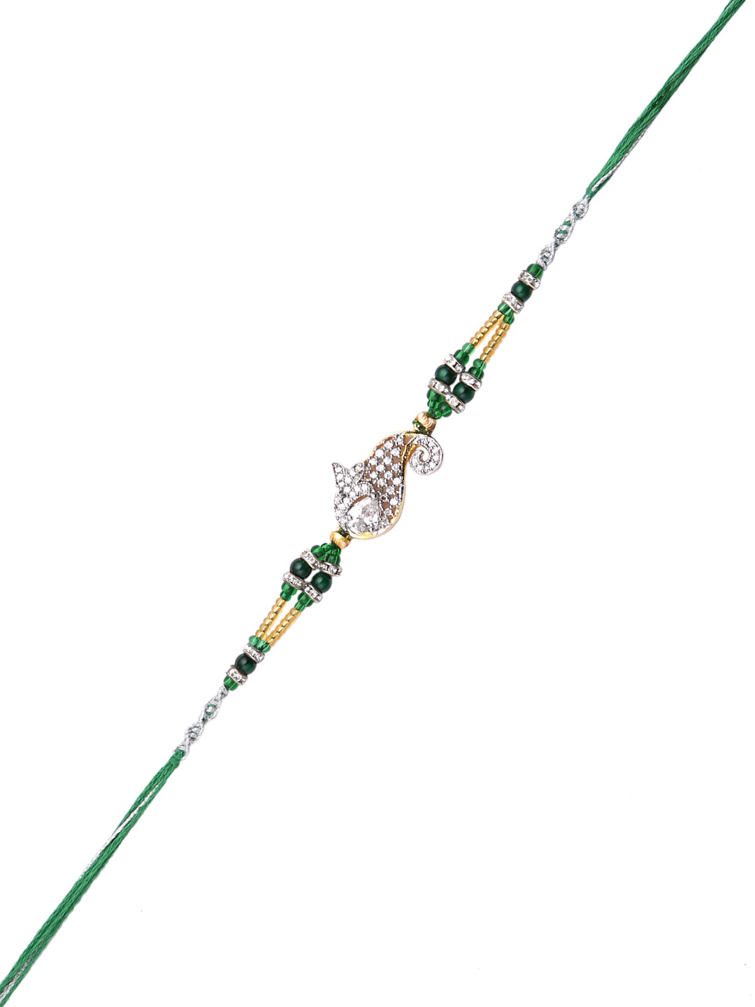 Green & Gold Beads Studded & Paisley Design Rakhi