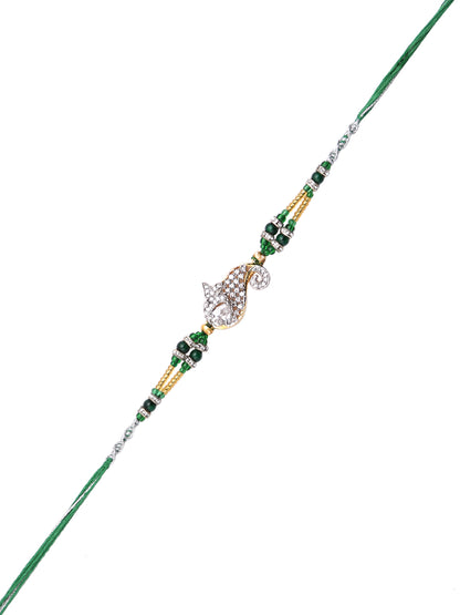 Green & Gold Beads Studded & Paisley Design Rakhi