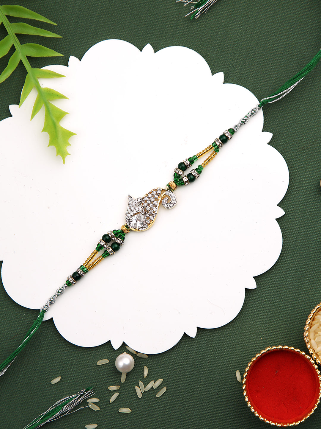 Green & Gold Beads Studded & Paisley Design Rakhi