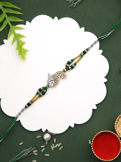 Green & Gold Beads Studded & Paisley Design Rakhi