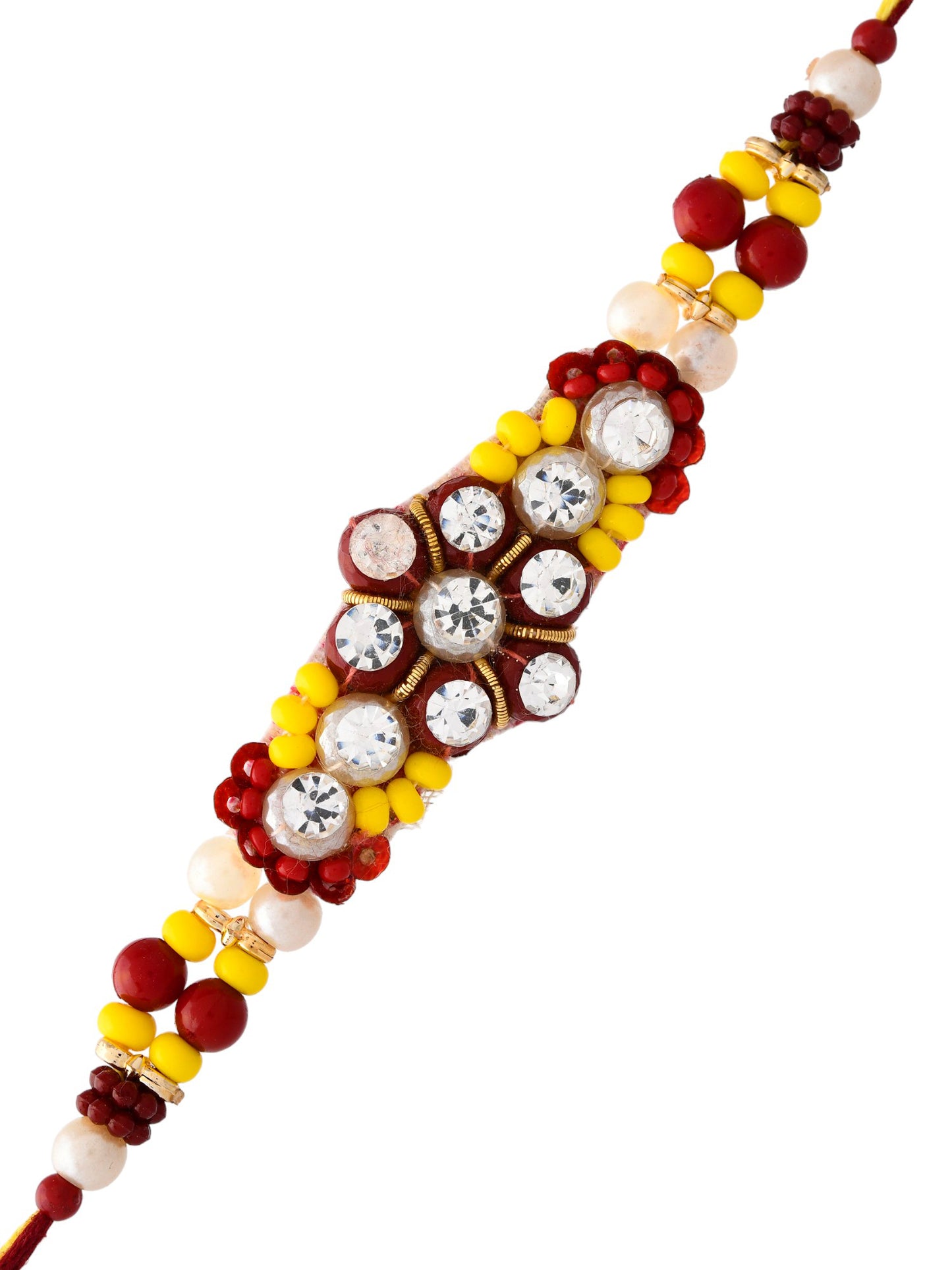 Yellow & Red Stones Beads Studded Floral Shape Rakhi