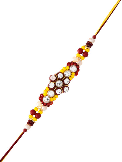Yellow & Red Stones Beads Studded Floral Shape Rakhi