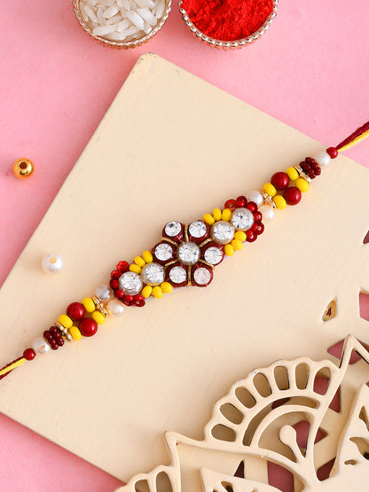 Yellow & Red Stones Beads Studded Floral Shape Rakhi