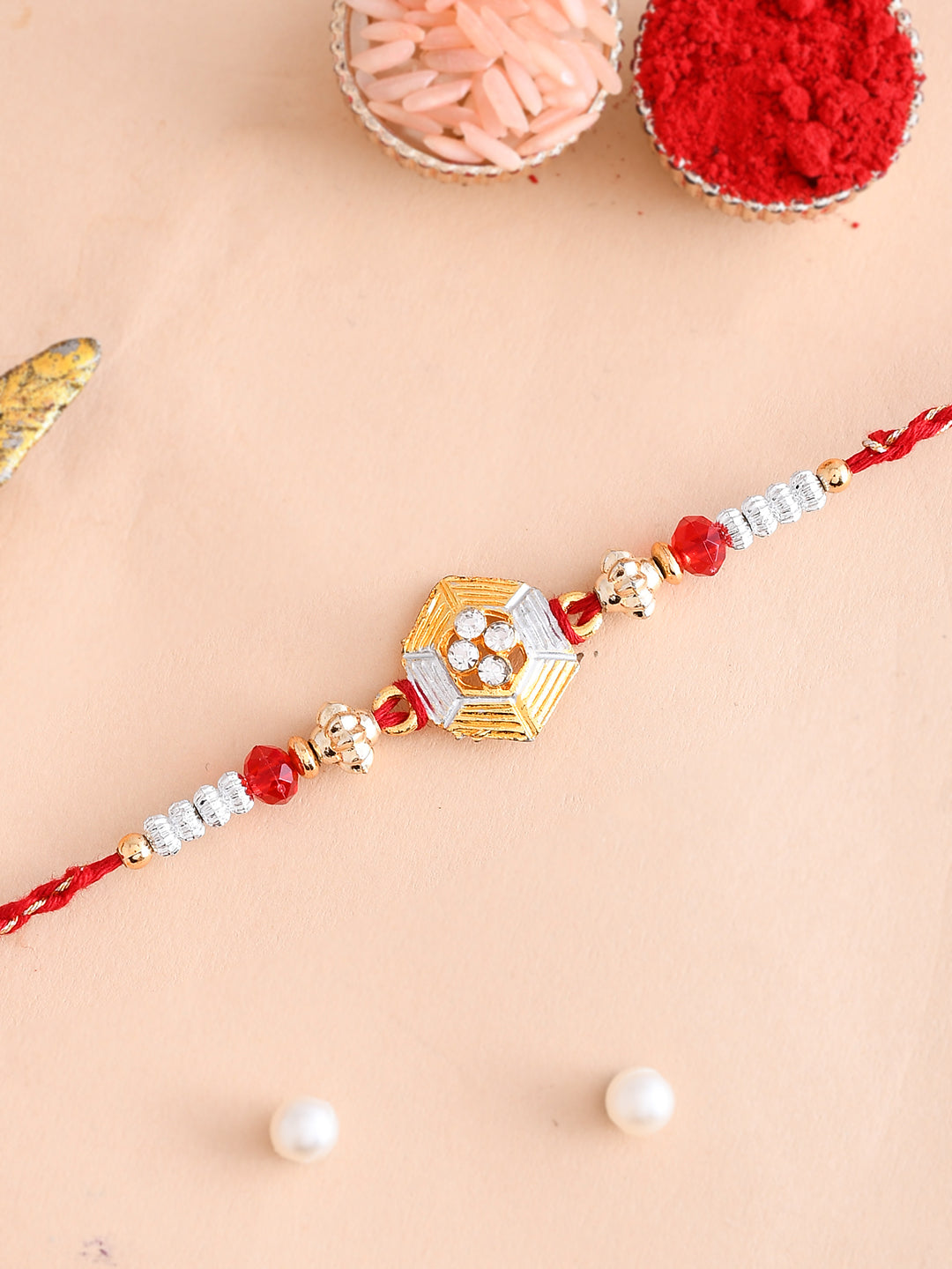 Red & Golden Beads Embellished Lovely Rakhi