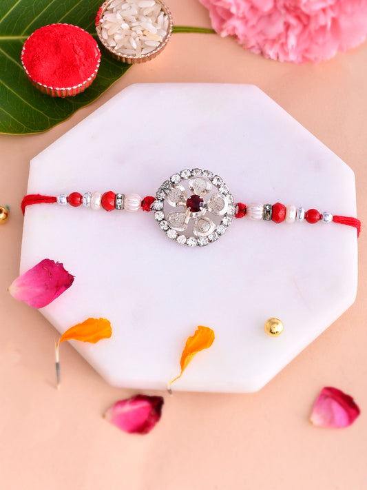 Beautiful AD Studded Heart Shape Petals Floral Rakhi