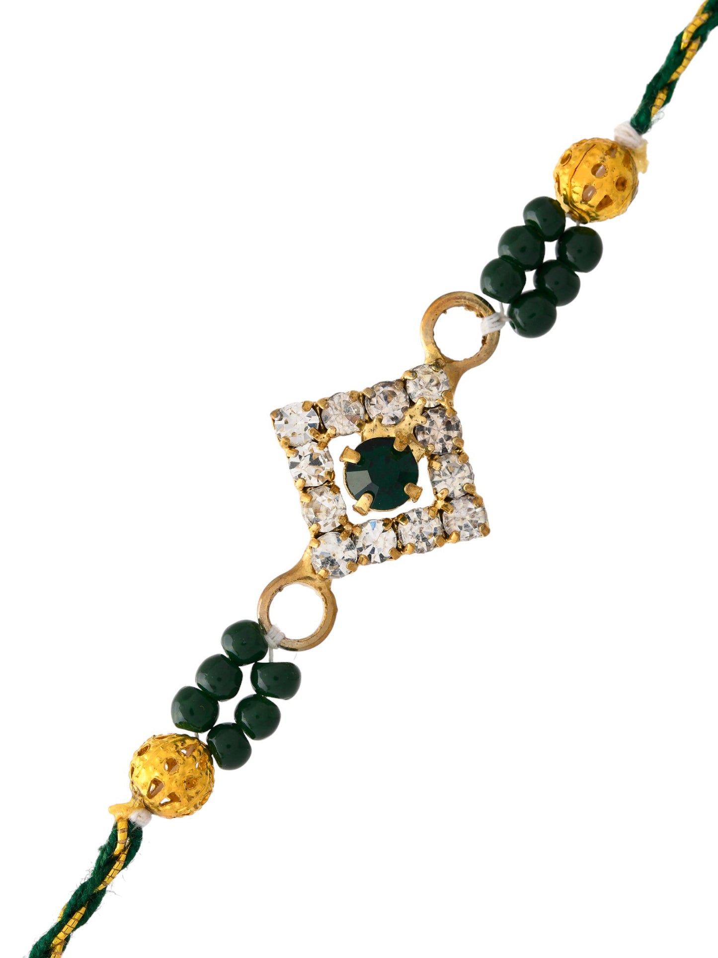 Green Beads , White Crystal Stones Jewel Rakhi