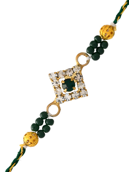 Green Beads , White Crystal Stones Jewel Rakhi