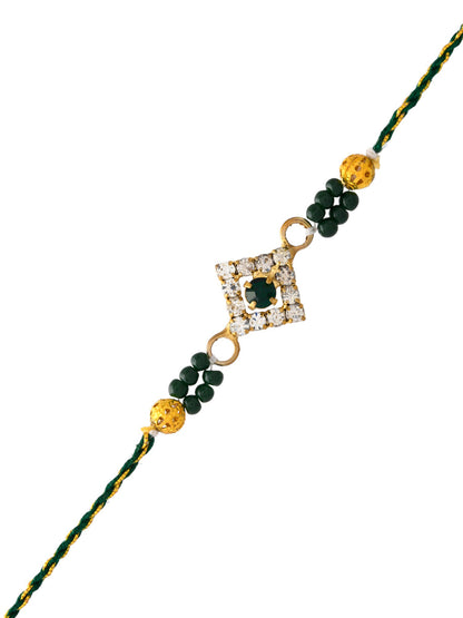 Green Beads , White Crystal Stones Jewel Rakhi