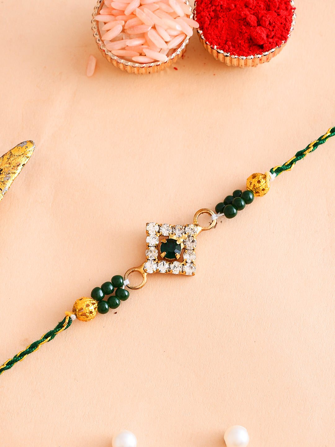 Green Beads , White Crystal Stones Jewel Rakhi