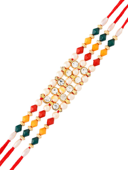 AD & Multicolor Beads Studded Triple Thread Rakhi