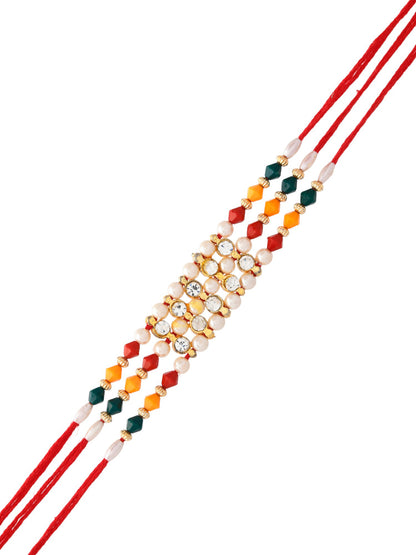 AD & Multicolor Beads Studded Triple Thread Rakhi