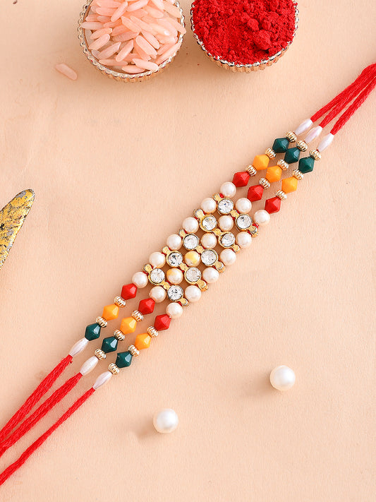 AD & Multicolor Beads Studded Triple Thread Rakhi