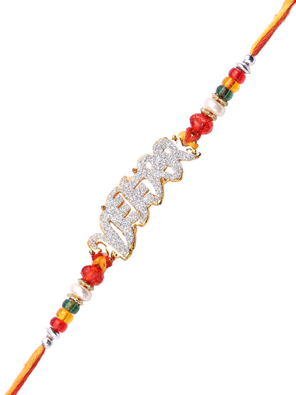 Beautiful AD stud VEERA Rakhi with Golden Beads