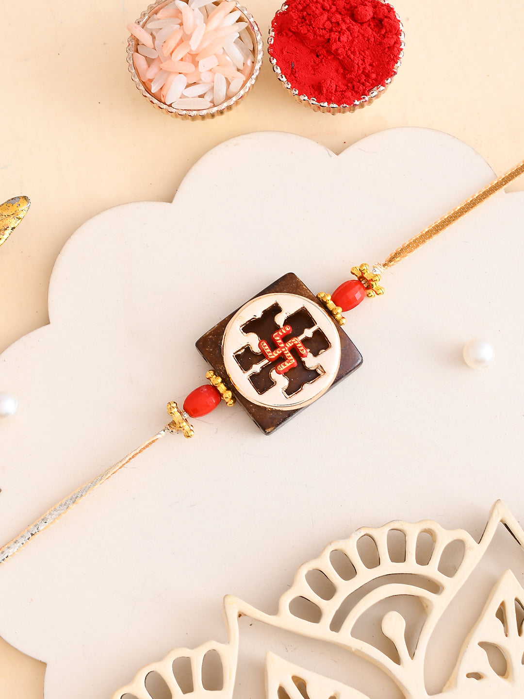 Swastik Design Wood & Metallic Rakhi