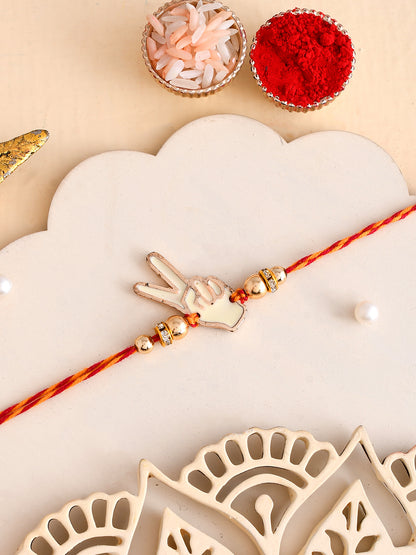 Metallic Peace Sign Rakhi with Golden Beads