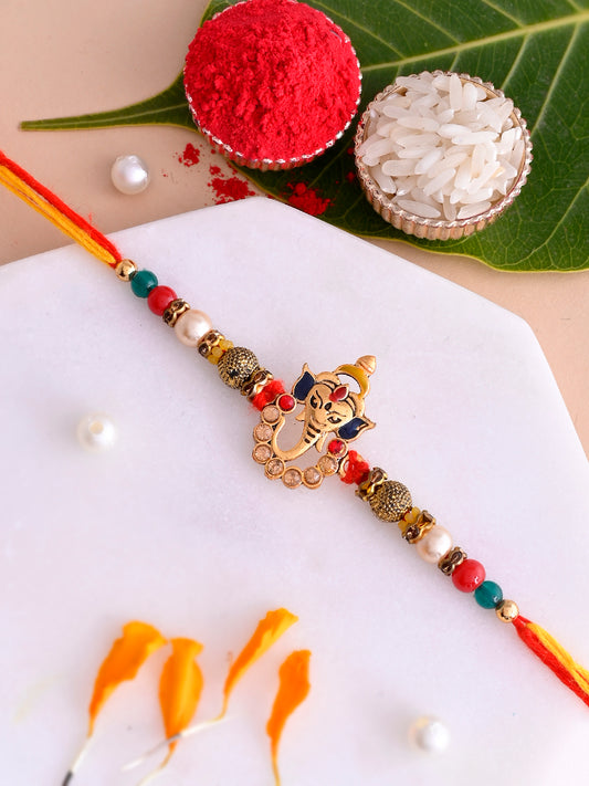 Gold Stones Ganesha Beaded Rakhi