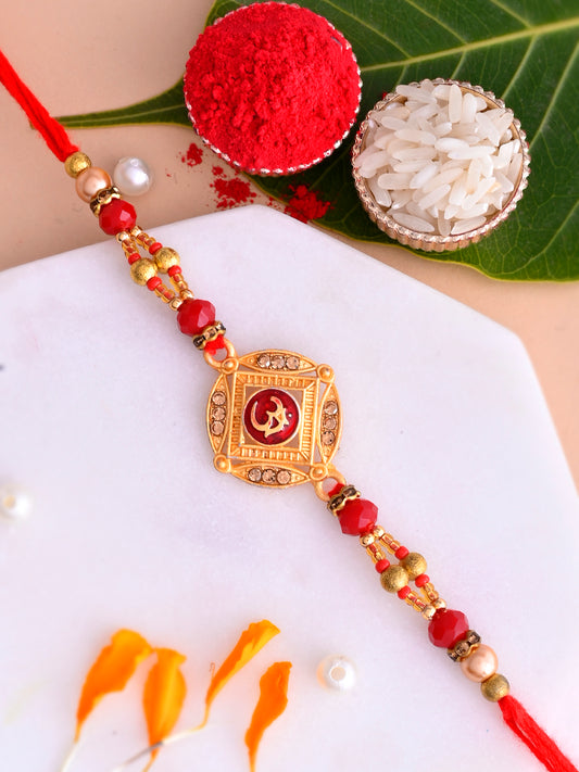 OM Enameled with Gold & Red Beads Rakhi