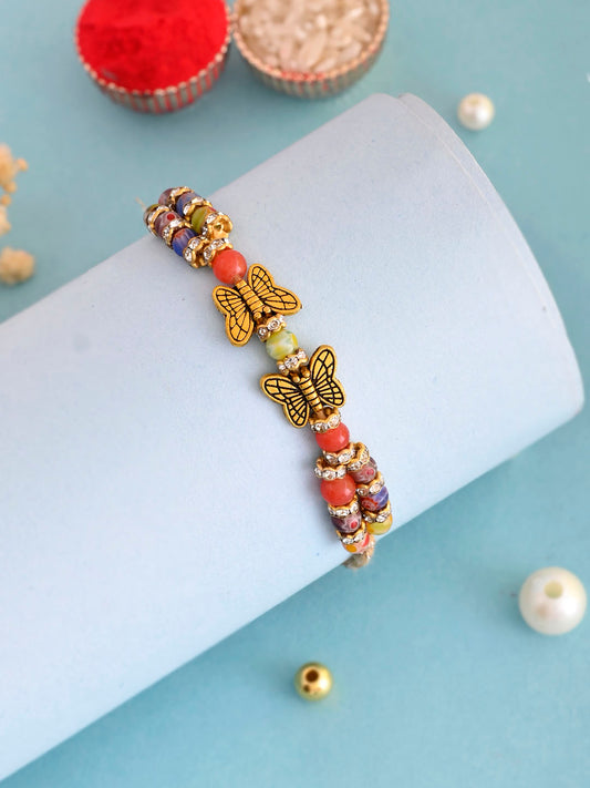 Multicoloured Beads with Golden Butterfly Rakhi