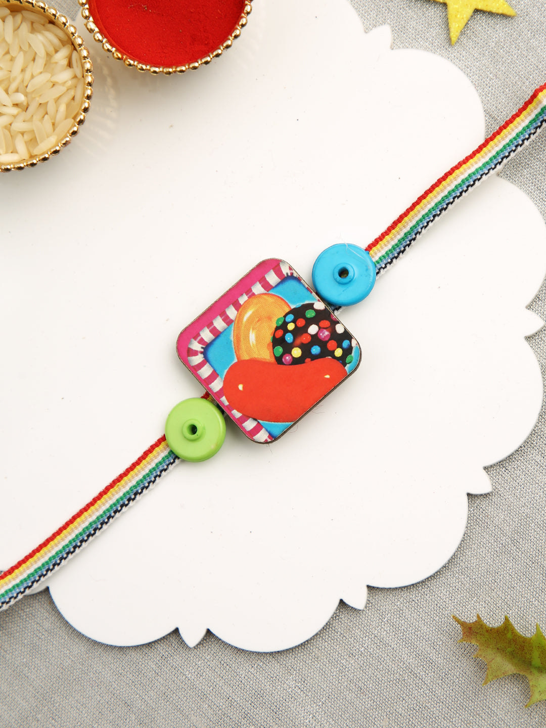 Multicolor Band Kids Rakhi With Candy Crush Motif