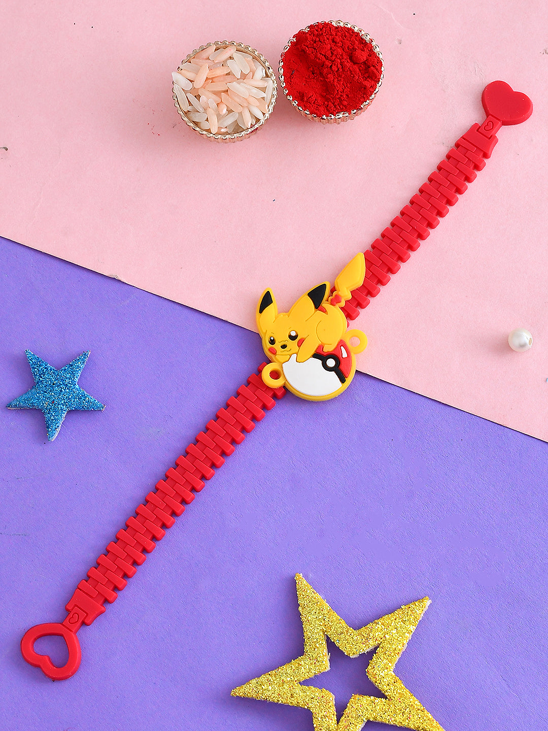 Red Wrist Band Yellow Pikachu Motif Kids Rakhi